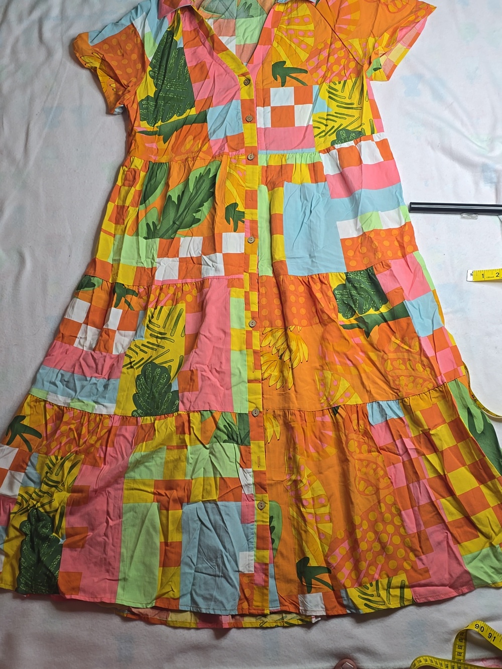 Patchwork Collared Orange Maxi Dress with Short Sleeves - Picture 2 of 10